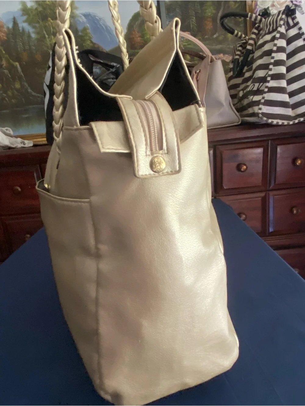 Lancôme Paris Gold Metallic Tote / Overnight Bag Braided Rope Handles Champagne - Picture 3 of 13